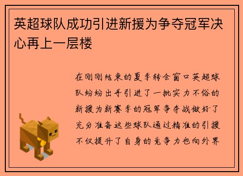 英超球队成功引进新援为争夺冠军决心再上一层楼